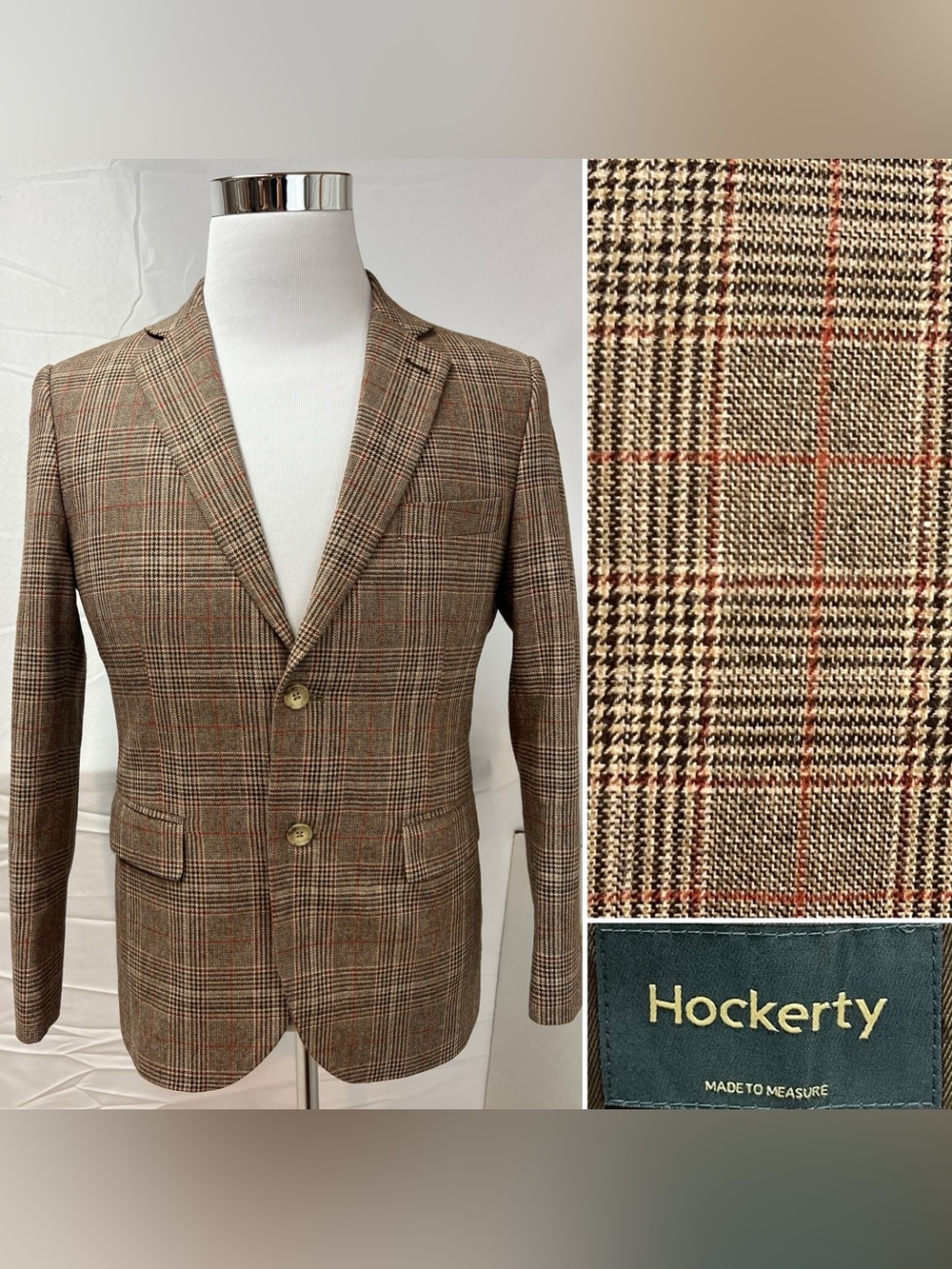Hockerty Men's 38S Slim Fit Brown Glen Plaid Wool Bespoke Blazer Jacket Coat